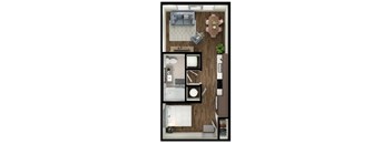A floor plan of a small apartment with a living room, kitchen, and bathroom.