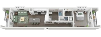 A dollhouse with a living room, kitchen, and bedrooms.