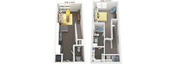 Two images of a small apartment layout, one with a living room and kitchen, the other with a bedroom and bathroom.