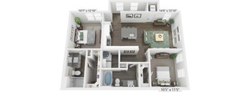 A 3D floor plan of a house showing the layout of the rooms.