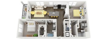 A top-down view of a modern apartment layout with a kitchen, living room, and two bedrooms.