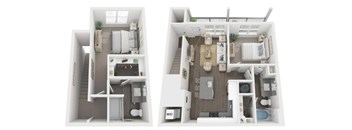 Two images of a small apartment layout with a kitchen, living room, and bedroom.