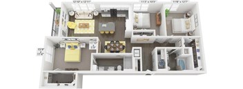 A dollhouse floor plan with dimensions and furniture layout.