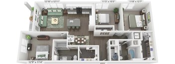 A 3D floor plan of a two-bedroom apartment.