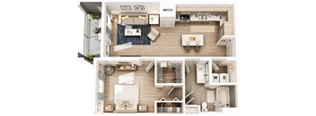 A floor plan of a house with a living room, kitchen, dining room, and bathrooms.