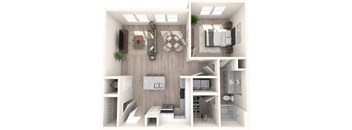 A top-down view of a modern apartment layout with a living room, kitchen, and bedroom.