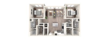A 3D floor plan of a small apartment with a kitchen, living room, and two bedrooms.