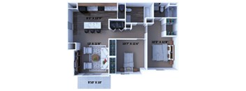 A floor plan of a small apartment with a living room, kitchen, and two bedrooms.
