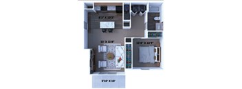 A floor plan of a small apartment with a kitchen, living room, and bedroom.