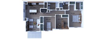 A floor plan of a house with a living room, two bedrooms, a kitchen, and a bathroom.