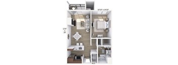 A floor plan of a small apartment with a kitchen, living room, and bathroom.