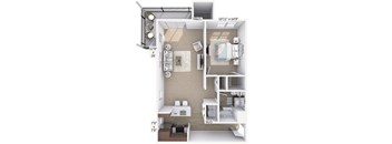 A floor plan of a small apartment with a kitchen, living room, and bathroom.