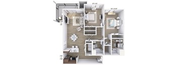 A floor plan of a two-bedroom apartment with a living room, kitchen, and bathroom.