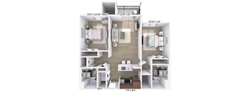 A floor plan of a small apartment with a kitchen, living room, and two bedrooms.