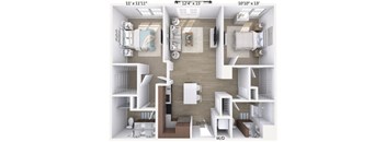 A floor plan of a small apartment with a kitchen, living room, and bathroom.