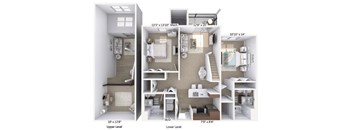 A diagram shows the layout of a two-level apartment with measurements for each room.