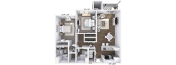 A floor plan of a small apartment with a kitchen, living room, and bathroom.