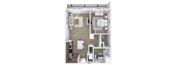 A floor plan of a small apartment with a bedroom, living room, and kitchen.