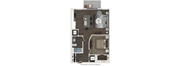 A floor plan of a small apartment with a kitchen, living room, and bathroom.