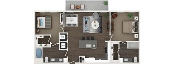 A top-down view of a modern apartment layout with labeled rooms.