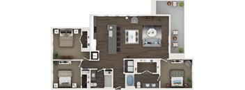 A floor plan of a house with a kitchen, living room, and two bedrooms.