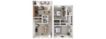 A 3D floor plan of a small apartment with a kitchen, living room, and bathroom.