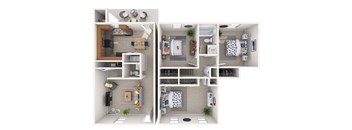 A floor plan of a small apartment with a kitchen, living room, and bathroom.