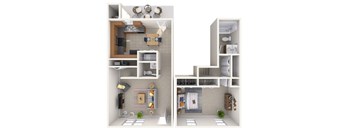 A diagram of a two-bedroom apartment with a living room, kitchen, and bathroom.