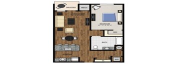 A floor plan of a home with a living room, kitchen, bedroom, and bathroom.