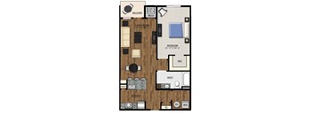 A floor plan of an apartment with a living room, bedroom, kitchen, and bathroom.