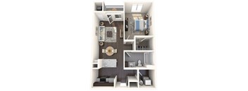 A 3D floor plan of a small apartment with a kitchen, living room, and bathroom.