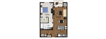 A floor plan of an apartment with a balcony, bedroom, living room, kitchen, bathroom, and pantry.