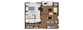 A floor plan of an apartment with a living room, kitchen, bathroom, and bedroom.