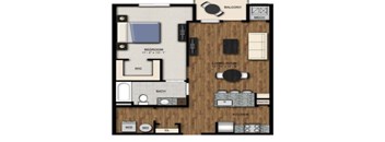 A floor plan of a house with a bedroom, living room, kitchen, and bath.
