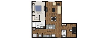 A floor plan of a small apartment with a bedroom, living room, kitchen, and bathroom.