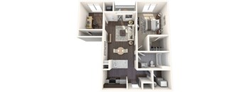 A 3D floor plan of a small apartment with a kitchen, living room, and bathroom.
