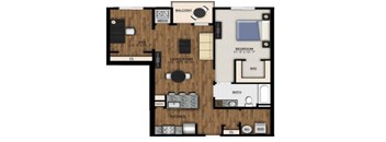 A floor plan of an apartment with a living room, kitchen, bedroom, and bathroom.