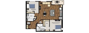 A floor plan of a home with a living room, two bedrooms, a bathroom, a kitchen, and a balcony.
