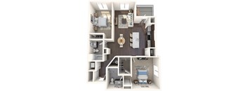 A 3D floor plan of a house showing a kitchen, living room, and bathrooms.