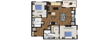 A floor plan of an apartment with a master bedroom, living room, kitchen, and bathrooms.