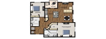A floor plan of a home with a master bedroom, living room, and kitchen.