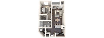 A top-down view of a small, neatly organized apartment with a kitchen, living room, and bathroom.