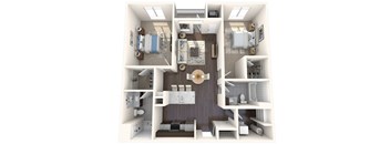A 3D floor plan of a small apartment with two bedrooms, a living room, and a kitchen.