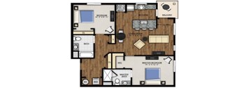 A floor plan of a house with a master bedroom, living room, and kitchen.
