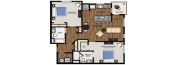 A floor plan of a home with a living room, kitchen, and two bedrooms.