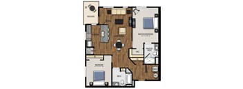 A floor plan of an apartment with a balcony, two bedrooms, a living room, a kitchen, a bathroom, and a master bedroom.