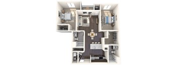 A 3D floor plan of a small apartment with a kitchen, living room, and bathroom.