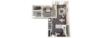 A floor plan of a small apartment with a bedroom, bathroom, and kitchen.