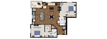 A floor plan of a house with a master bedroom, living room, and kitchen.