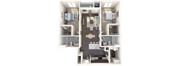 A 3D floor plan of a small apartment with a kitchen, living room, and bathroom.